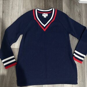 For The Republic Navy V-Neck Sweater with Red and White Accents